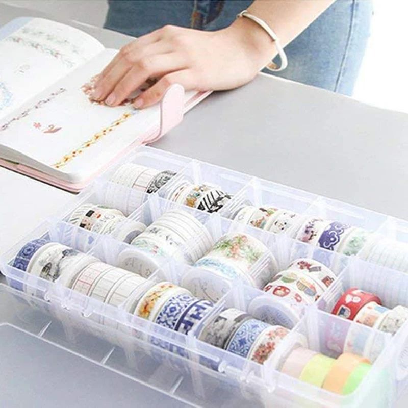 15 Grids Desktop Tape Storage Box Mini Paper Sticker Tape Box Transparent Plastic Case Craft Organizer