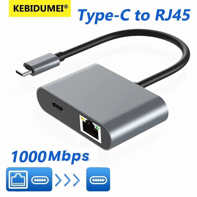 

1000Mbps USB C to Ethernet Adapter for Phones TV Type-C to RJ45 60W Gigabit Ethernet Network Card for Laptop Tablet 2 USB Ports