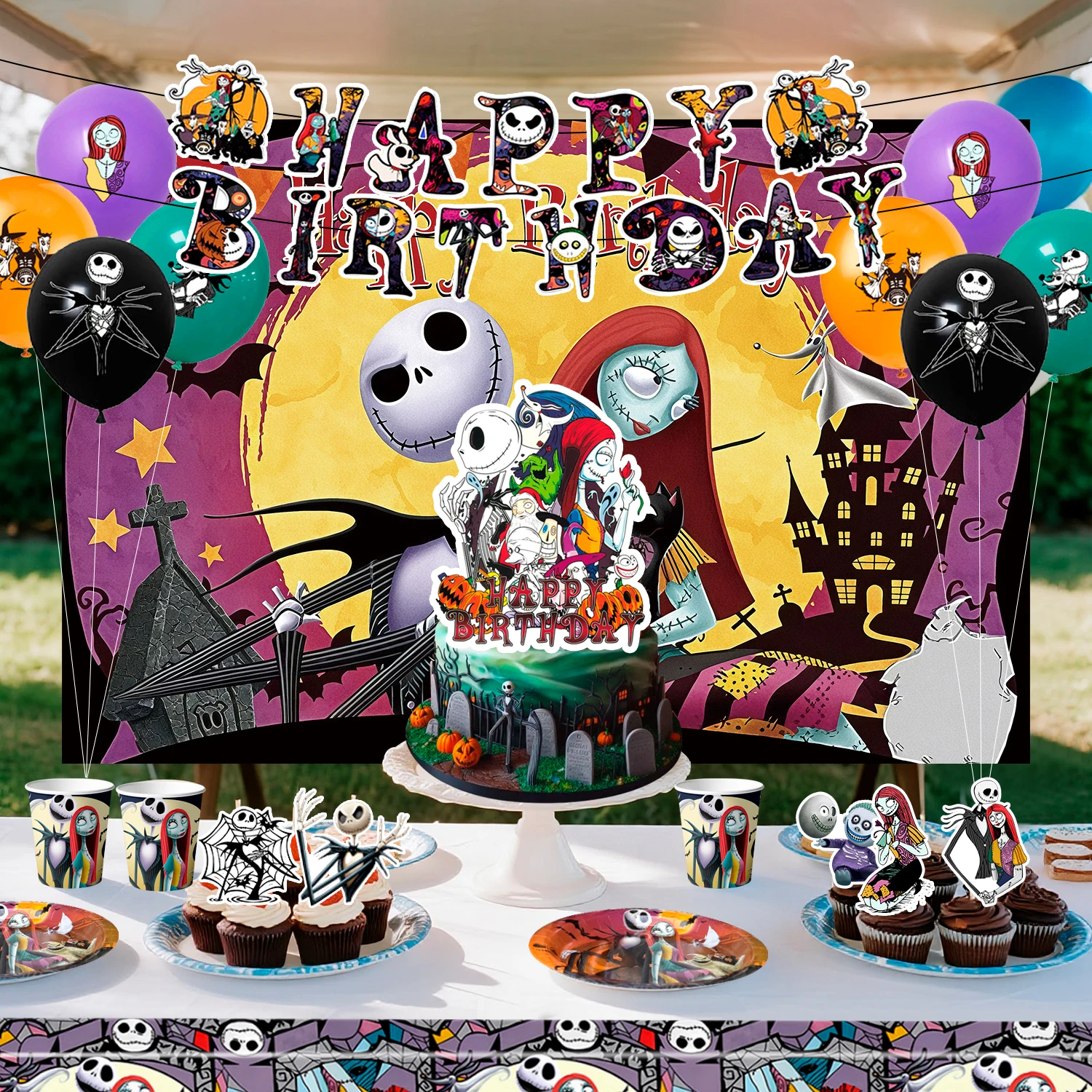 98 Uds. Decoración de fiesta de cumpleaños de pesadilla antes de Navidad y vajilla, platos navideños, tazas, globos, pancarta, telón de fondo, etc.