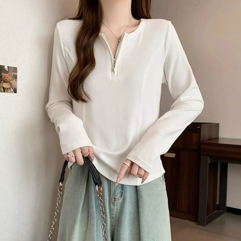 Half-zip Right Shoulder V-neck Long-sleeved T-shirt Women's Autumn and Winter Bottoming Fishbone Irregular Top