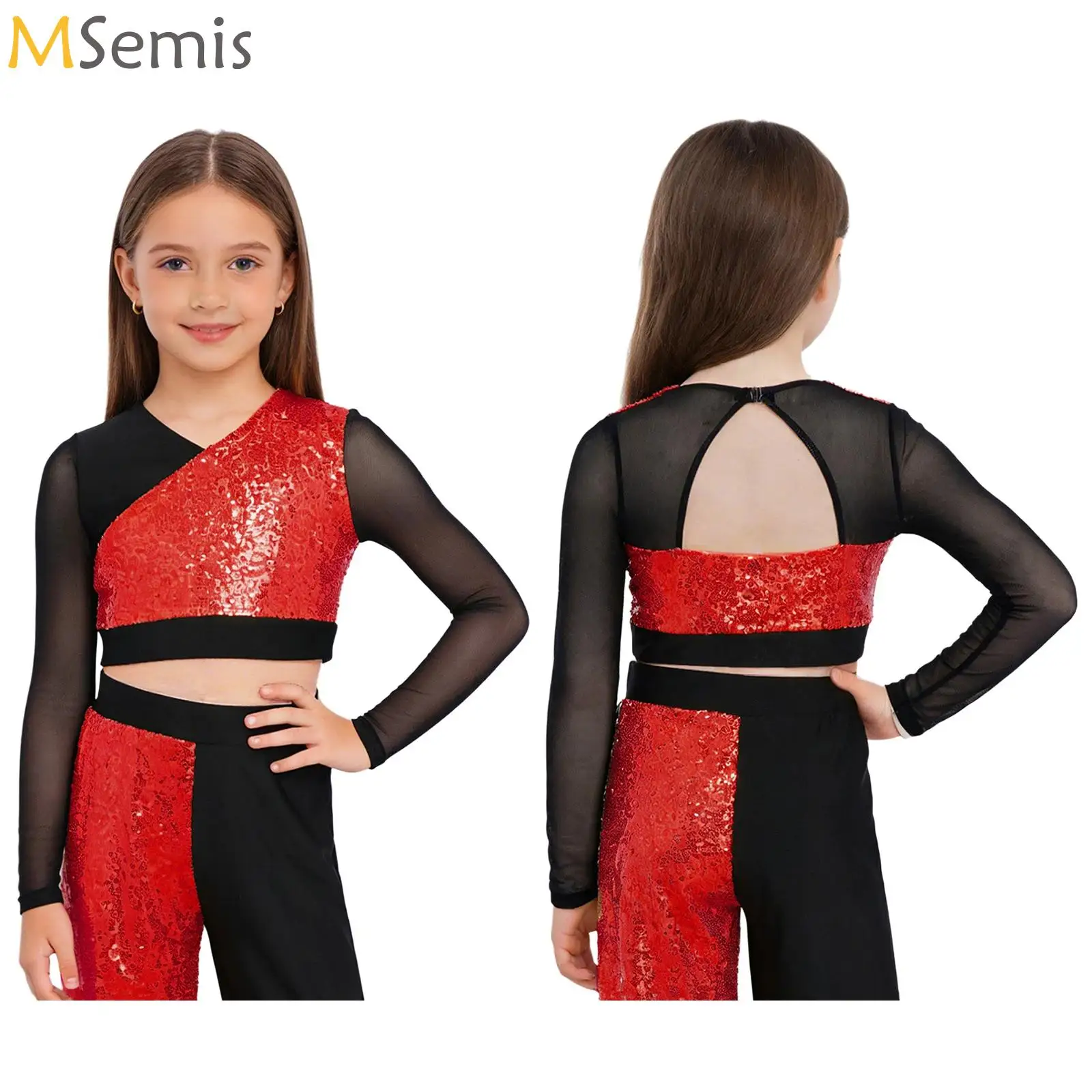 

Girls Dance Tshirts Gymnastics Athletic Crop Top Sparkling Sequins Tumbling T-shirts Kids Ballerina Performance Dancing Clothes