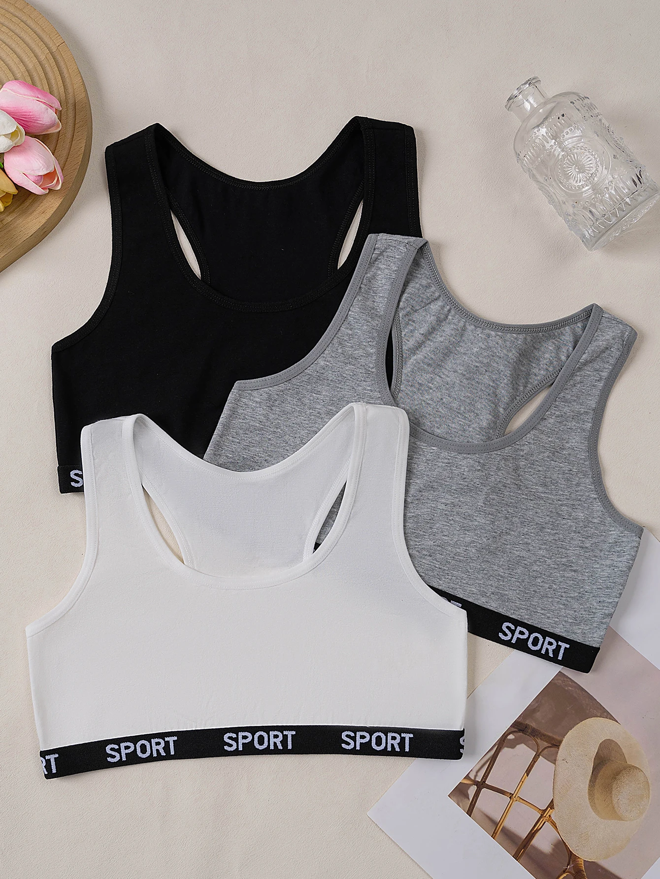 3 pcs girls' underwear, girls' training underwear, contrast-colored underband, I-back design, removable bra pads, elastic under