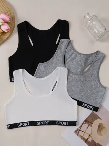 3 Pcs Girls' Underwear, Girls' Training Underwear, Contrast-Colored Underband, I-Back Design, Removable Bra Pads, Elastic Under