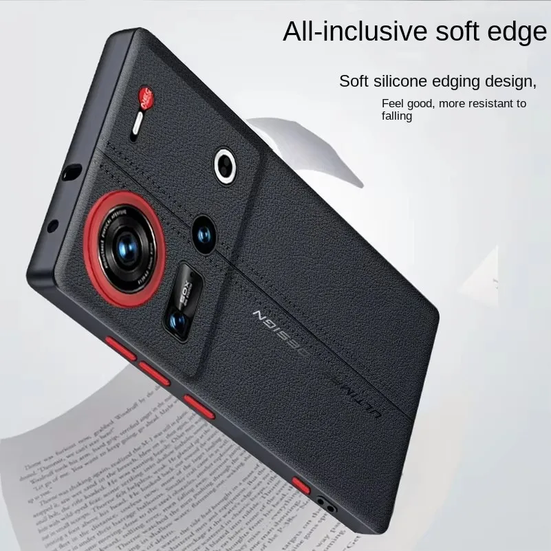 Etui na telefon ZTE Nubia Z70S Ultra Z70 Ultra, cienka osłona ochronna, gładka skóra, styl z przeszyciami na środku, czerwone, podwyższona ochrona obiektywu. — zdjęcie produktu 5