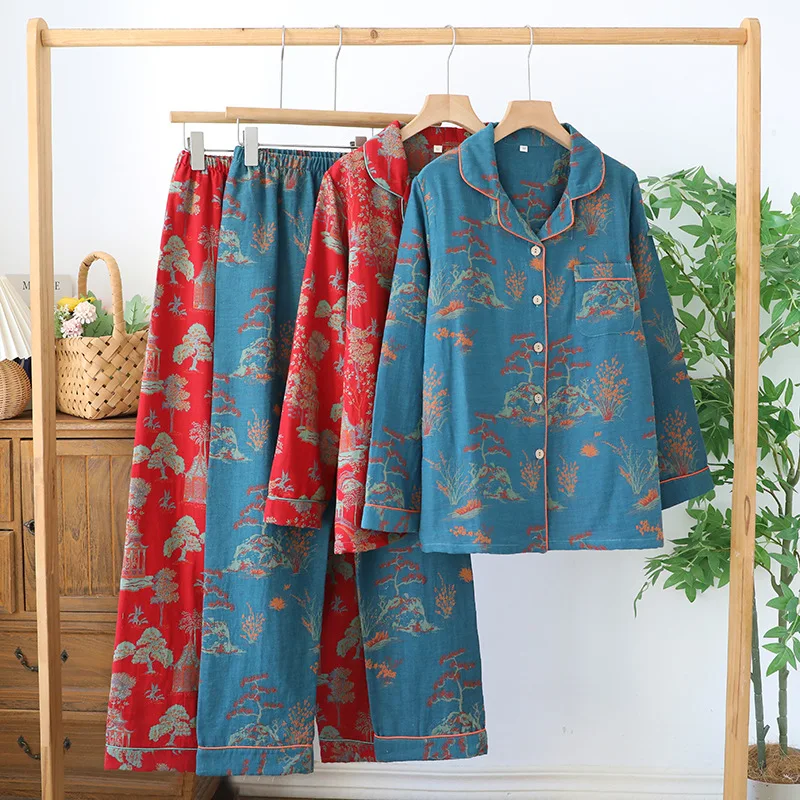 

2026 New Spring and Autumn Women's Pajama Set 100% Cotton Retro Color Woven Home Clothes Long Sleeve Long Pants Two Piece Set