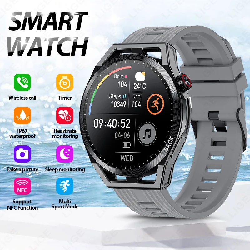 

LIGE Fitness Sports Smart Watch 2026 NFC HD Wireless Voice Bluetooth Call Waterproof Military Health Monitor Smartwatch Men