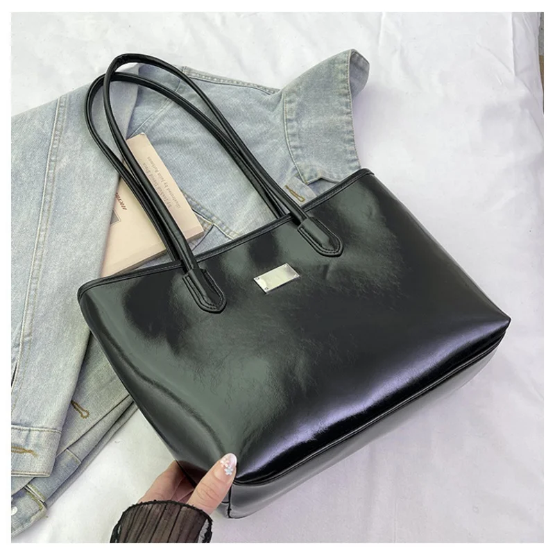 Women Solid Glossy Tote Bag Large Capacity Metal Label Decor Top Handle Shoulder Bag Office School Commuting Handbag