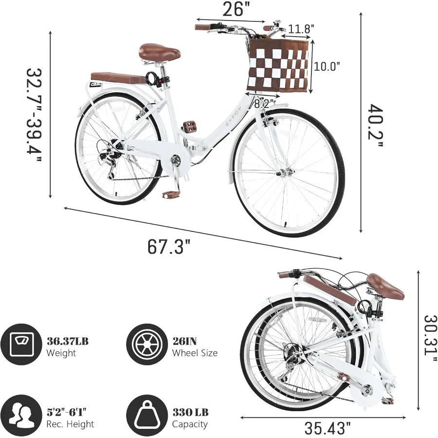 دراجة شاطئ كروزر قابلة للطي مقاس 26 بوصة للنساء مع سلة 7 سرعات بسعة 330 رطل نظام فرامل V مزدوج مثالي للتنقل في الحضرية