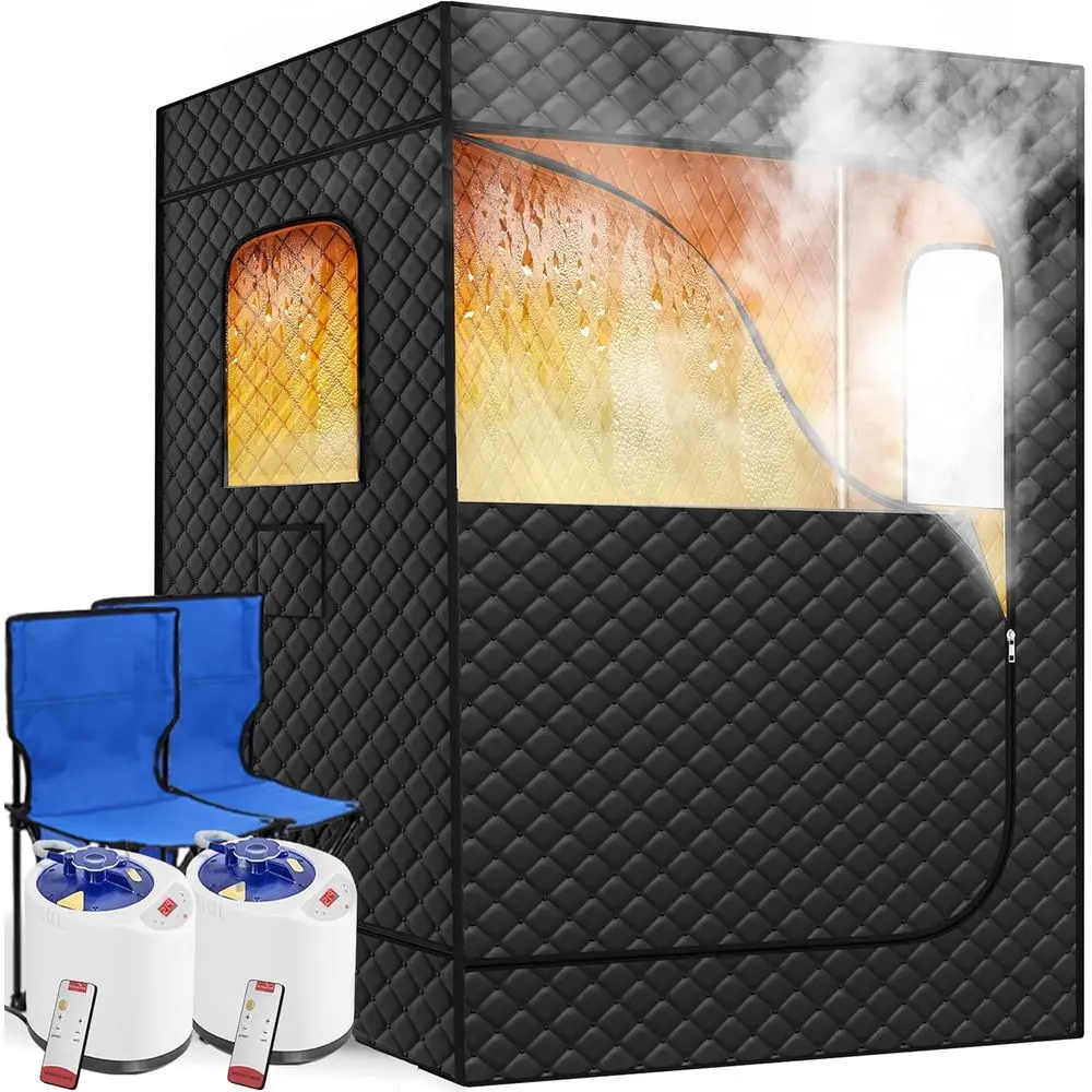 

Portable Home Steam Sauna for 2, XL Sauna Tent, Dual Steamers, Folding Chairs & Remote, Black