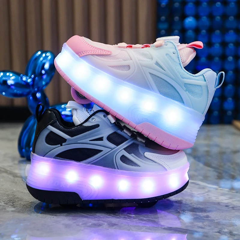 Kid Boys Girls Flashing Roller Skate Shoes Children Fashion LED Light Up Shoes USB Charging Luminous Wheels Sneakers for Street