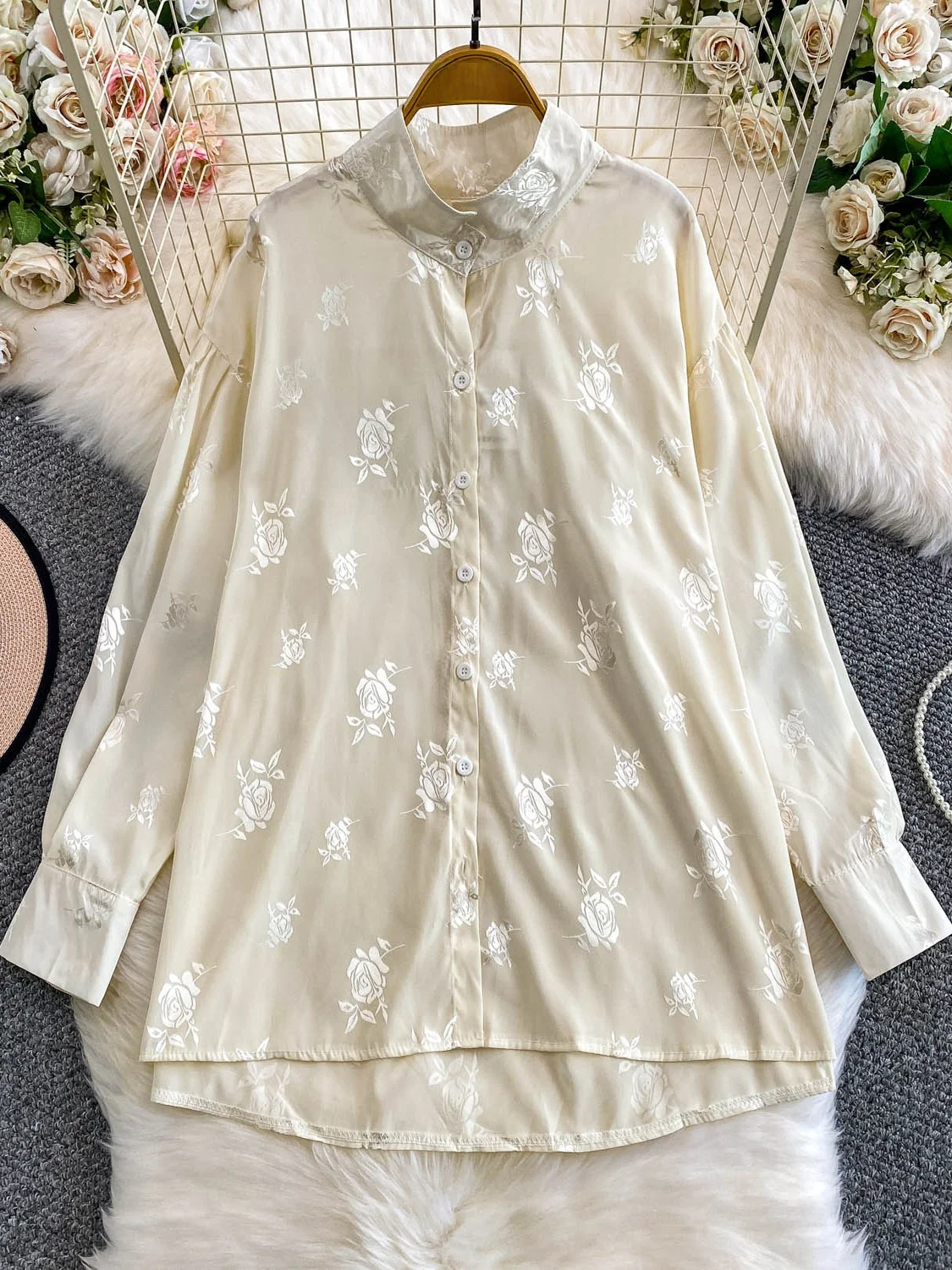 

Retro Rose Print Stand Collar Loose Women's Shirt Casual Versatile Autumn Top Breathable Long Sleeve Comfortable Fashionable