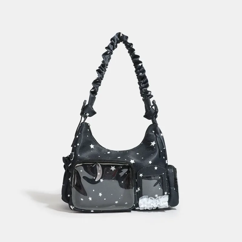 Star Polka Dot Pattern Fashion Ita Bag Ruffled Shoulder Strap Printed Transparent Display Panel Adjust Single Shoulder Crossbody