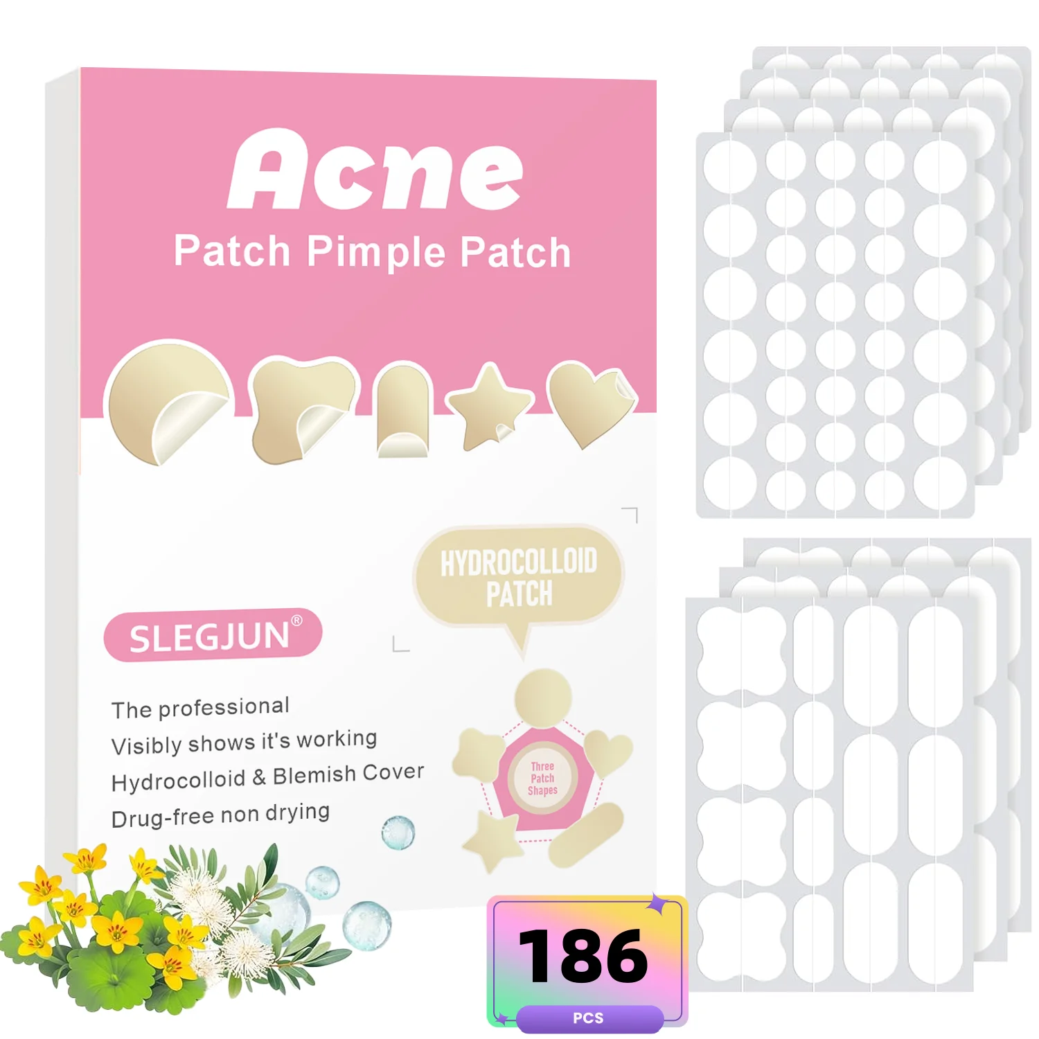 186pieces of facial acne patches, concealer patches, pimples patches, ultra-thin invisible breathable hydrogel