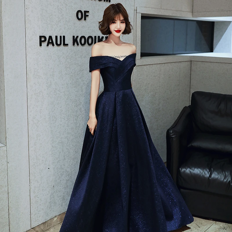 It's Yiiya Evening Dress Navy Blue Jacquard Off the Shoulder A-line Floor-length Plus size Women Party Formal Gown Customization