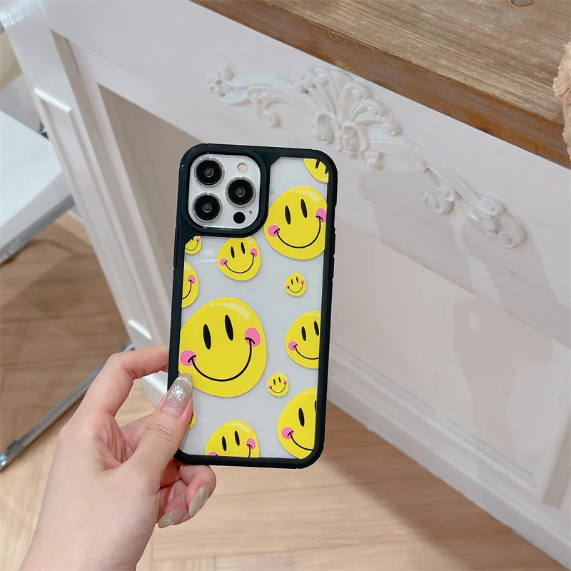 Happy Face Icon Black Armor Phone Case For iPhone 15 13Mini 14Pro 11 12 Xs Max XR 7/8 Plus SE2 Impact Cover Full Body Protection