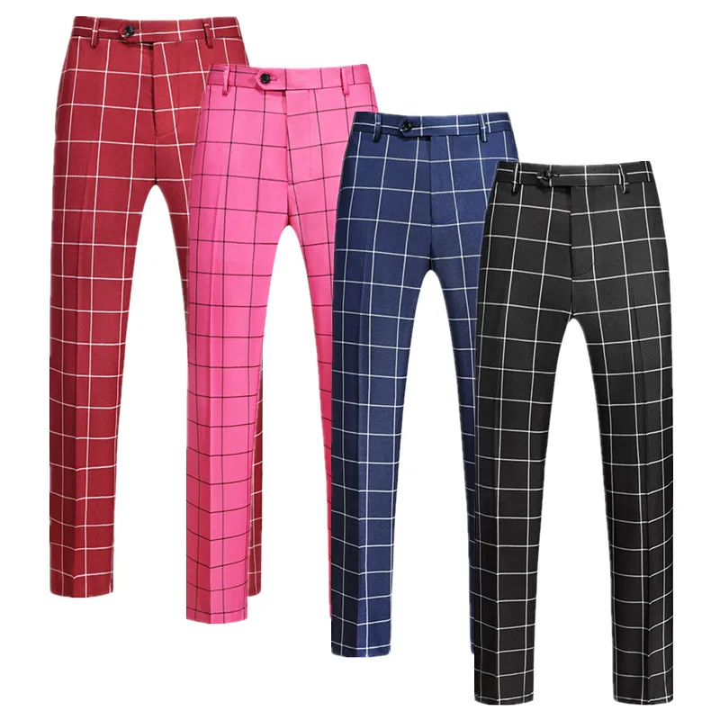 Fashion Male Business Social Suit Pants Black / Blue / Burgundy Men Wedding Plaid Dress Trousers