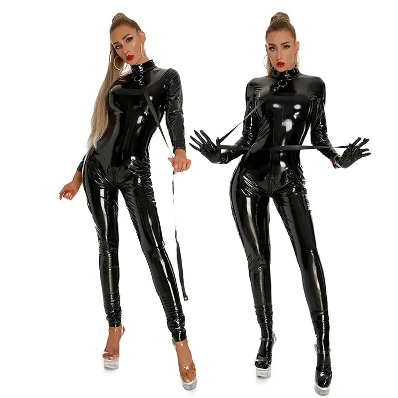 

Women Black Shiny PU Latex Bodysuit Sexy Zip Open Crotch Catsuit Skinny Faux Leather Jumpsuit Clubwear PVC Latex Bodysuit