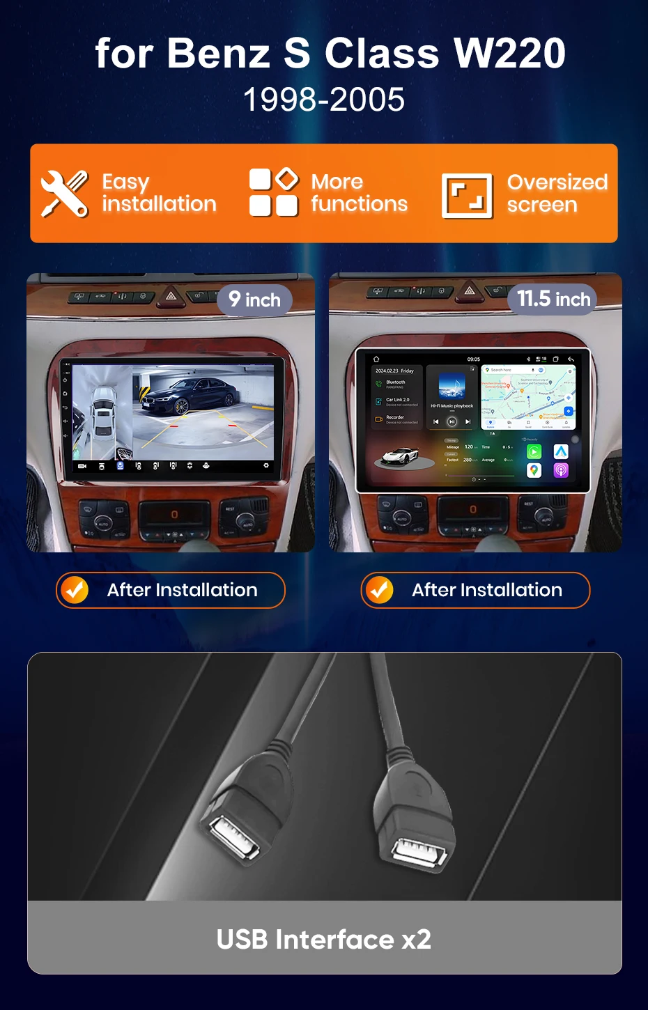 Junsun 8-Kern Wireless CarPlay Android Auto Autoradio für Mercedes Benz S-Klasse W220 S280 S320 S350 S400 S430 S500 S600 AMG 1998-2005 4G WiFi GPS Navigation Multimedia – Detail 2