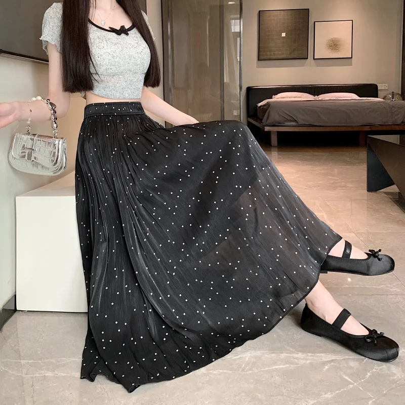 

Ретро-юбка миди из шифона для женщин, весна-осень, стройнящая, яркая, в горошек, А-силуэт, со средней талией, из полиэфирного волокна