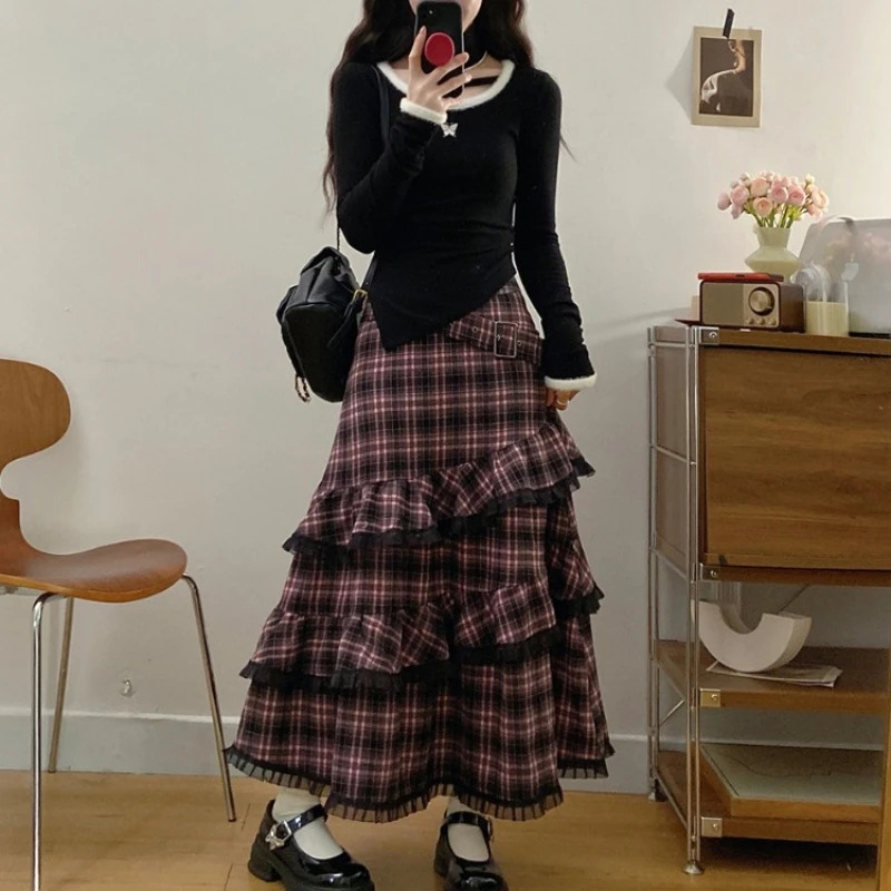 

Осенний дизайн, нерегулярный элегантный комплект из 2 предметов, женские модные вязаные топы + розовая длинная юбка в клетку, винтажная шикарная корейская популярная одежда