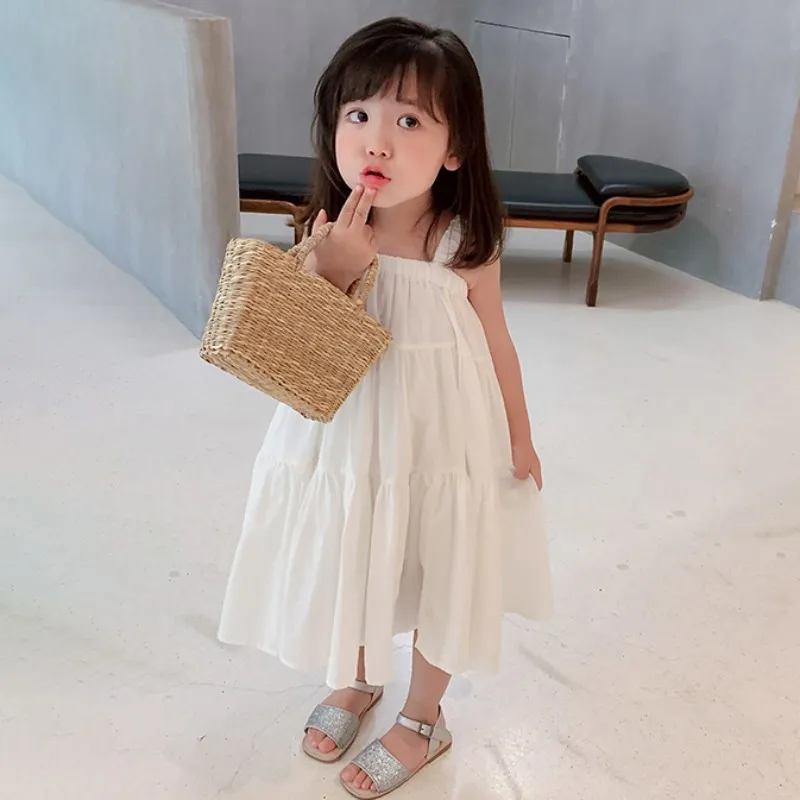 

Summer Baby Girls Dress Princess Suspender Beach Draped Frocks Cute Girl Sleeveless Solid Color Skirt Party Children Clothes