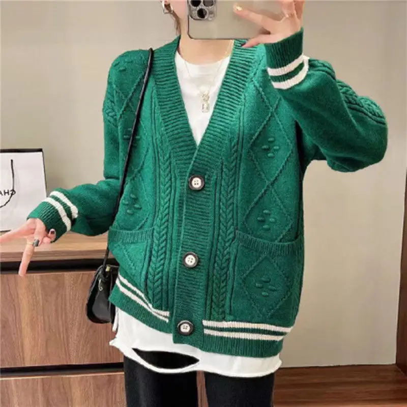 Mother Sweater V-Neck Blousers Loose Size Women\'s Fat MM Sweater Coat For Women\'s Autumn And Winter New Loose Knitting Cardigan