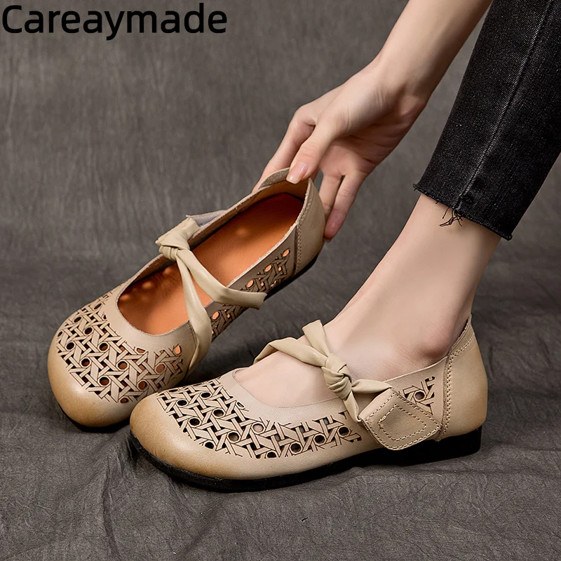 Careaymade-Summer Genuine Leather Women's Shoes Cowhide Hollow Breathable Hole Shoes Soft Sole Comfortable Bean Single Shoes