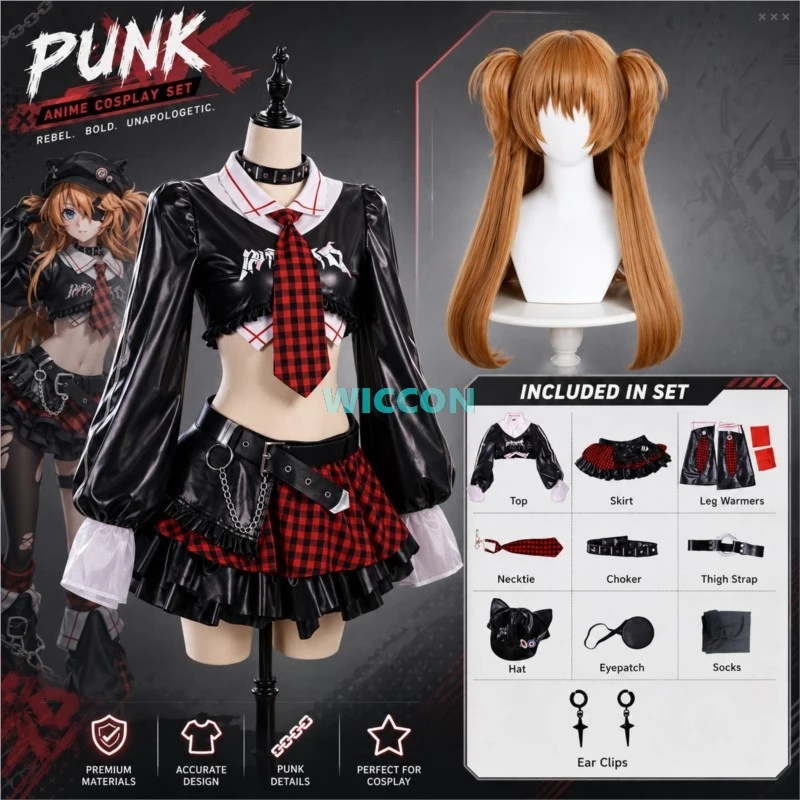 Asuka Langley Soryu Cosplay Costume Shikinami Asuka Langley Rock Band Wig Hat Blindfold Top Skirt Full Set Women Halloween