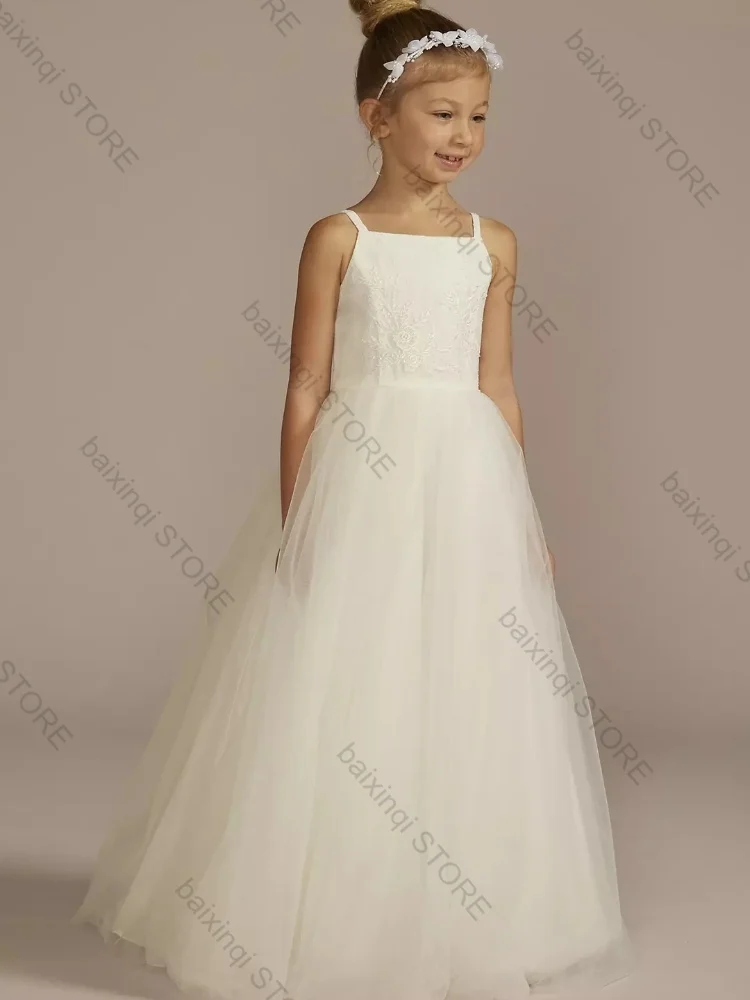 

Ivory Color Flower Girl Dress Elegant Tulle Lace Suspenders Long Skirt Formal Occasion Wedding Birthday Ball Can Bespoke Gown