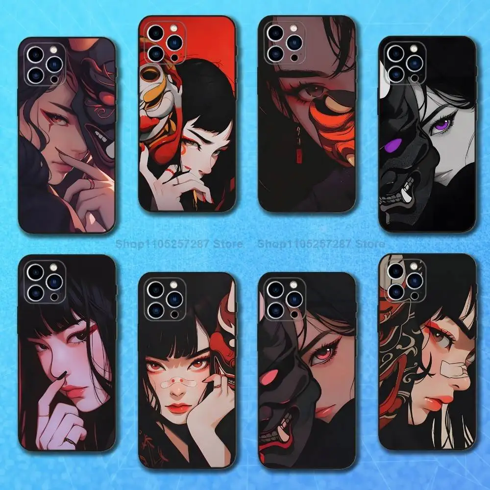 

Japan Art Mask Girl Case For iPhone 12,14,15,16,17,13,11,X,Mini,Plus,Pro Max,8,7,XR,SE,XS,Soft Silicone Black