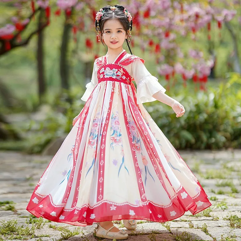 

Традиционное элегантное платье феи в китайском стиле Hanfu для девочек с цветочной вышивкой, восточное платье для косплея, танцевальный халат, детский подарок на день рождения