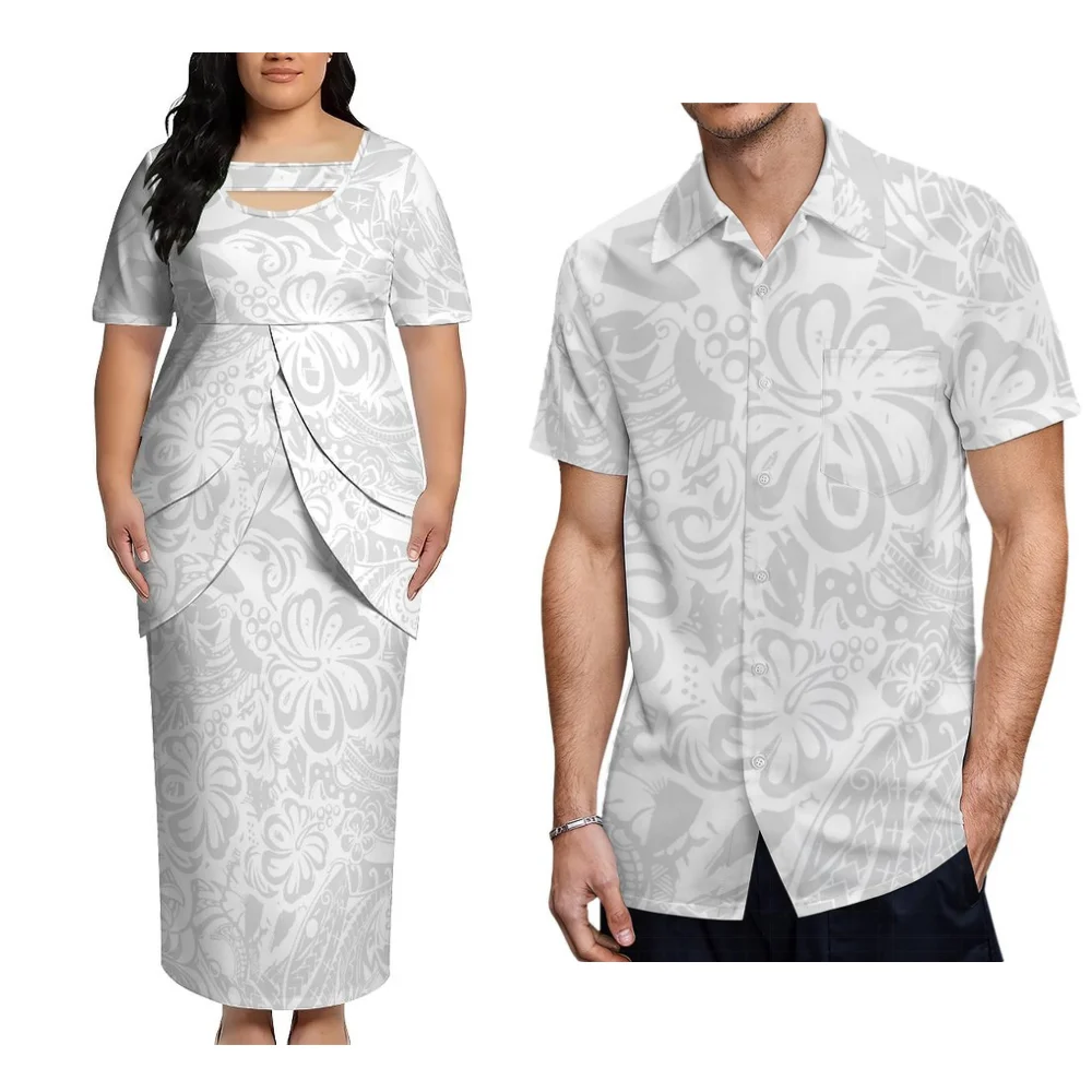 

Комплект для пары White Sunday - футболка с круглым вырезом и короткими рукавами, а также облегающая длинная юбка, мужская пляжная рубашка в полинезийском стиле