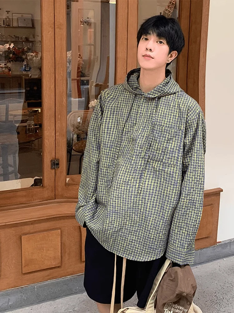 

Laid-ba een Plaid Men's irt Vintage American Sle Sun Protection Hooded Cheered irt Stand Fit Long Sve Autum...