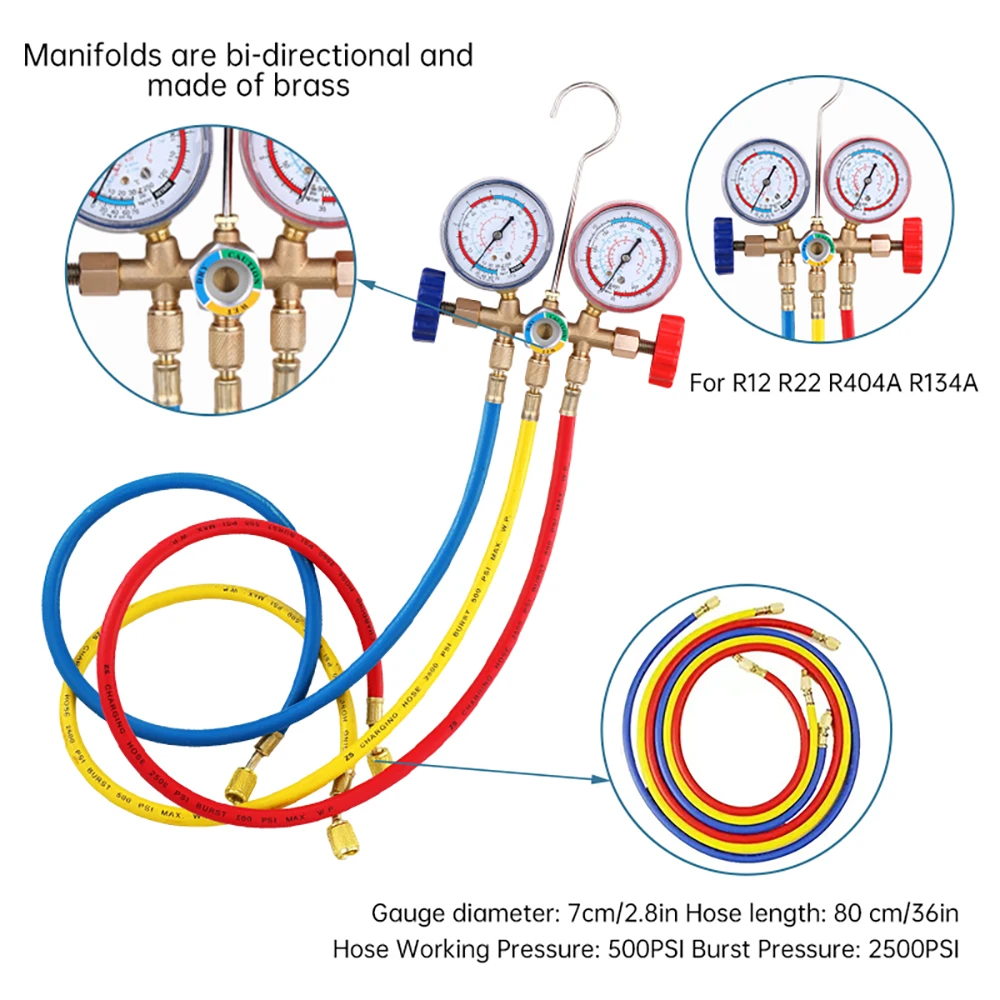 R12 R22 R404A R134A Manometro Aria Condizionata Con Tubo/Gancio Diagnostico Misuratore Collettore Set Servizio di Ricarica per Refrigerazione