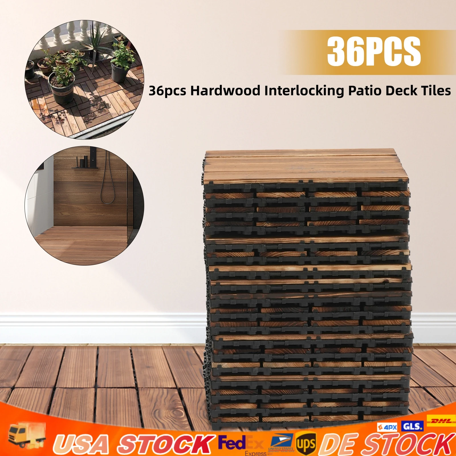 

36 Pack Hardwood Interlocking Patio Deck Tiles Wood Interlocking Flooring Tiles12" × 12" Interlocking Patio Tiles