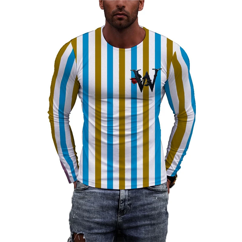 

Fashion Striped Men's Long SleeveT-Shirts Loose Casual Oversize Breathable Tops 3D Printed Letters Street Hip Hop Male Top Tee