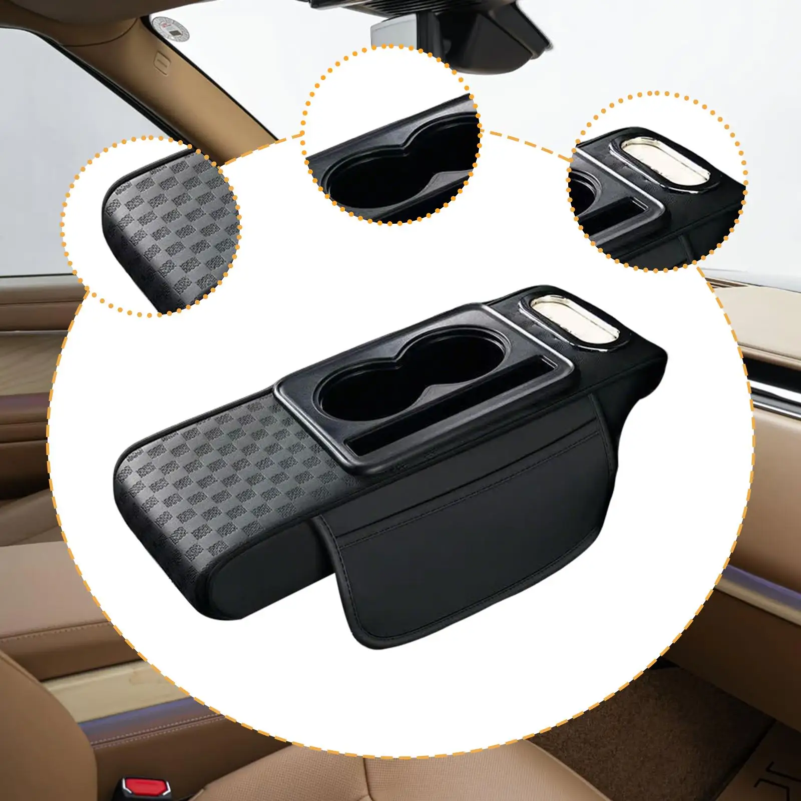 Universal Faux Leather Car Armrest Cushion with Tissue Box Organizer and Cup Holder for Comfortable Driving Experience