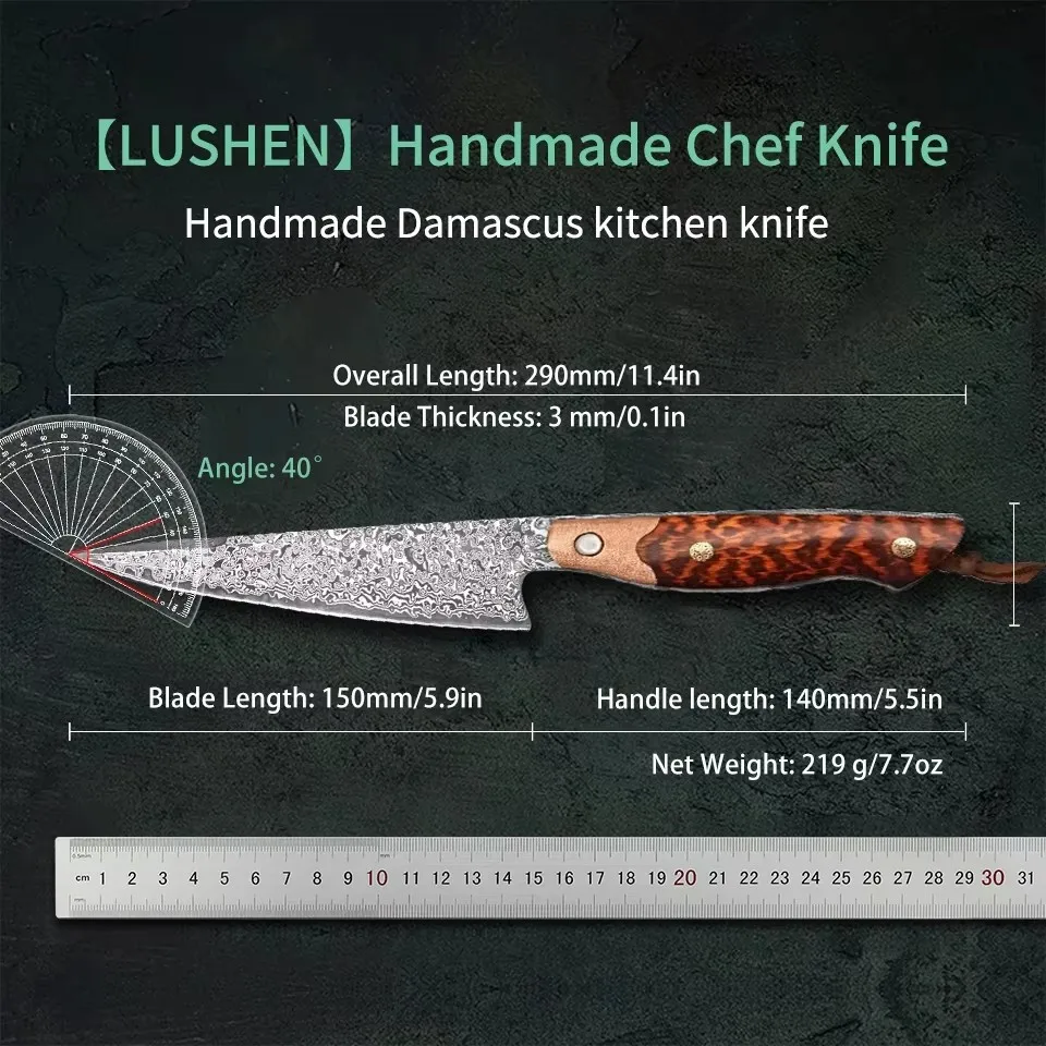 FZIZUO Chef Knife 8inch Full Tang Damascus Steel Snakewood Copper Handle Cooking Tool Handmade Kitchen Knives with Sheath