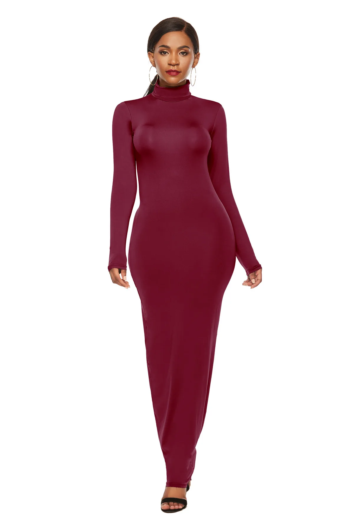 Spring Autumn Solid Color Slim Long Dresses Women High Neck Long Sleeve Package Hip Bodycon Dress Trendy Lady Commuting Vestidos