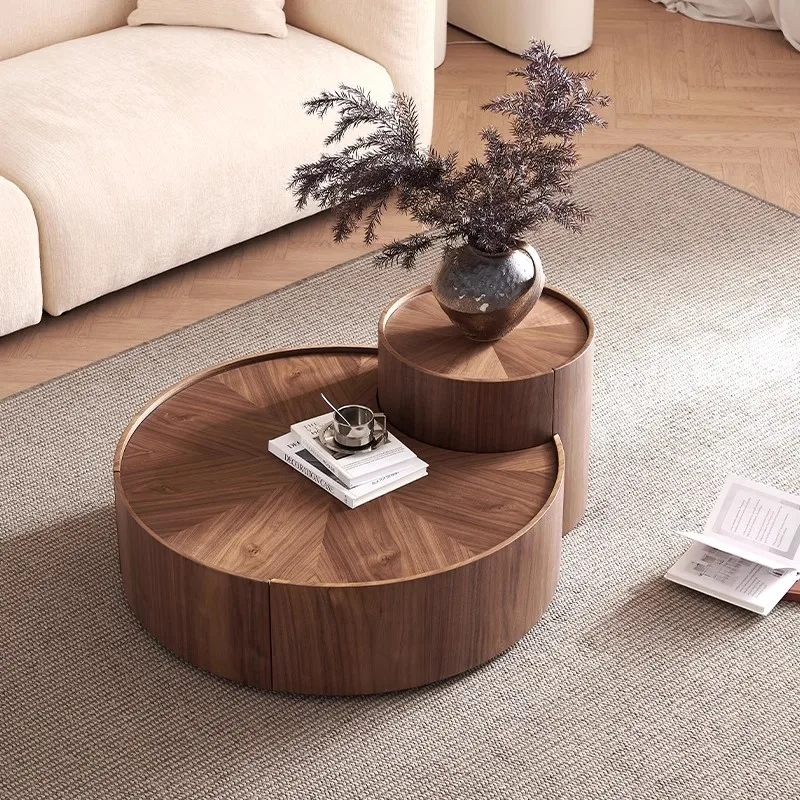 Light luxury round walnut solid wood coffee table combination living room simple home