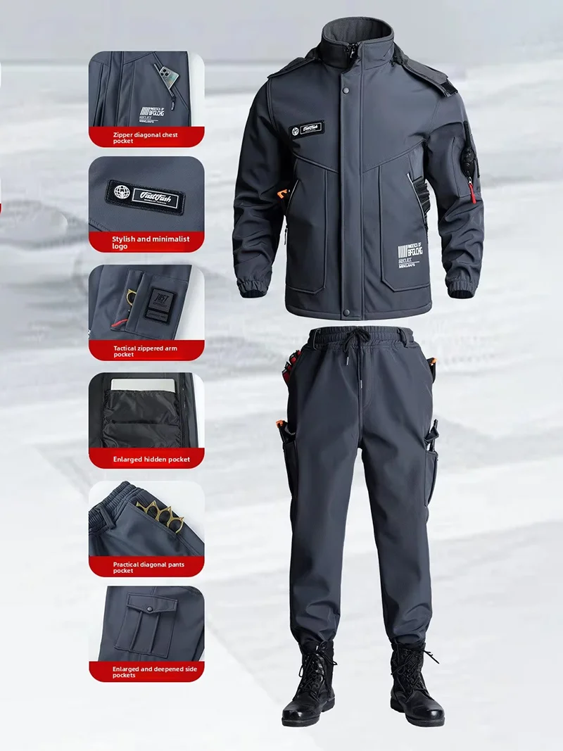 Thick Windbreaker Tracksuits Men Waterproof Tactical Jacket Sets Winter Windproof Jacket Multi-Pocket Trousers Fleece Workwear