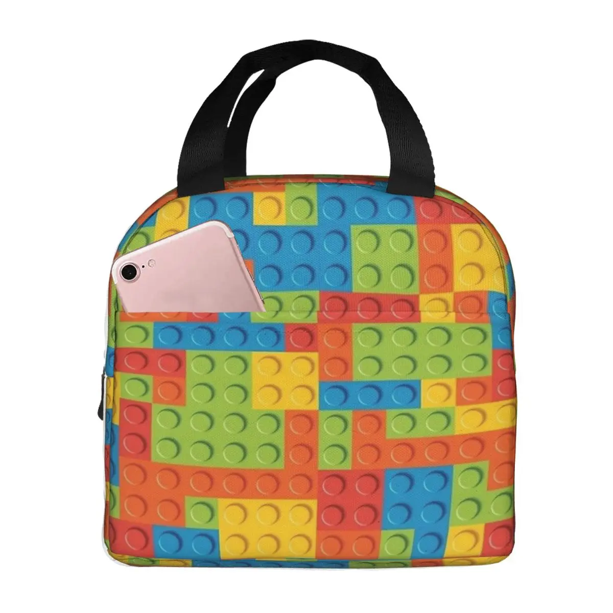 Colorful Building Blocks Insulated Lunch Bags Large Meal Container Cooler Bag Tote Lunch Box Work Outdoor Food Storage Bags