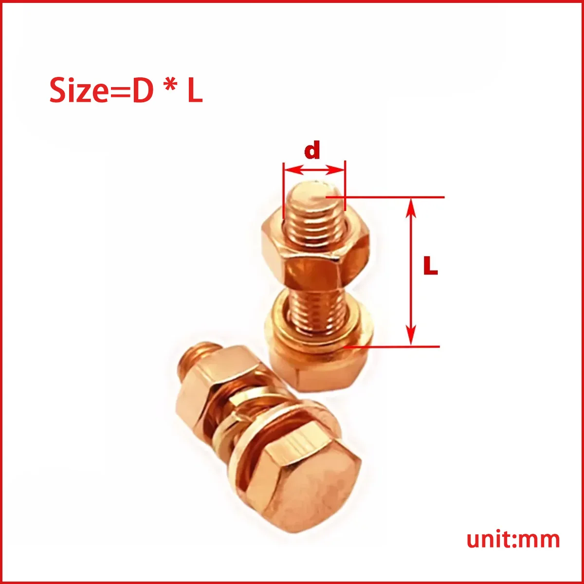 Red Copper Outer Hexagonal Parafuso Porca, Flat Washer Set, Parafuso eletrolítico, M3-M8
