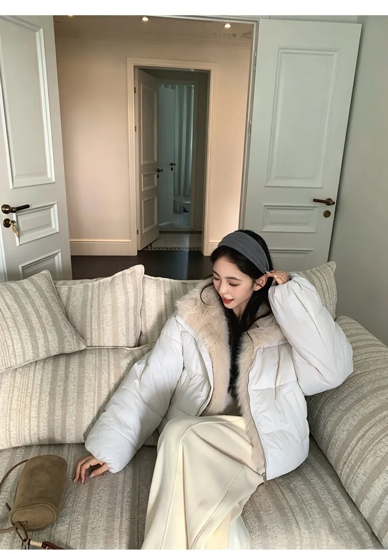 Korean Women's Short Puffer Jacket with Large Fur Collar Women Loose Thick Padded Cotton Coats Female Solid Casual Zipper Parkas