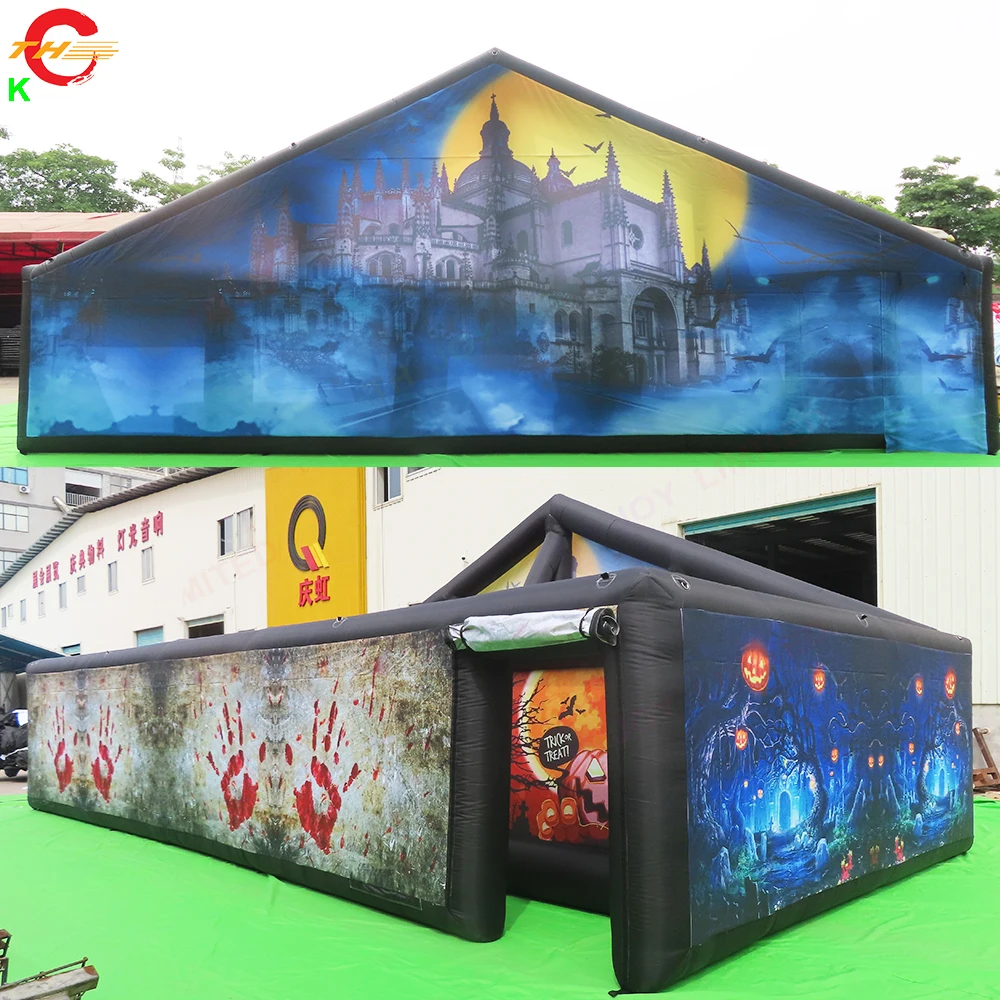 Casa Encantada inflable con impresión completa, laberinto inflable, etiqueta, fiesta, evento, juego, juguetes para Halloween, envío rápido, 10x5m