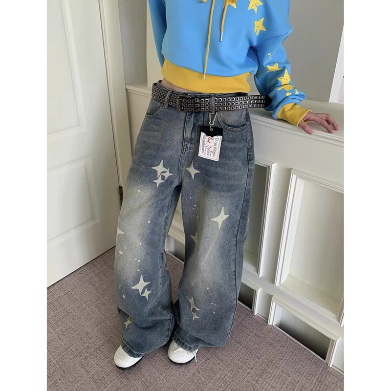 

ZHIZOU Women Blue Y2k Star Jeans Aesthetic 90s Style Baggy Denim Trouser Harajuku Vintage Oversize Boyfriend Jeans Pants Autumn