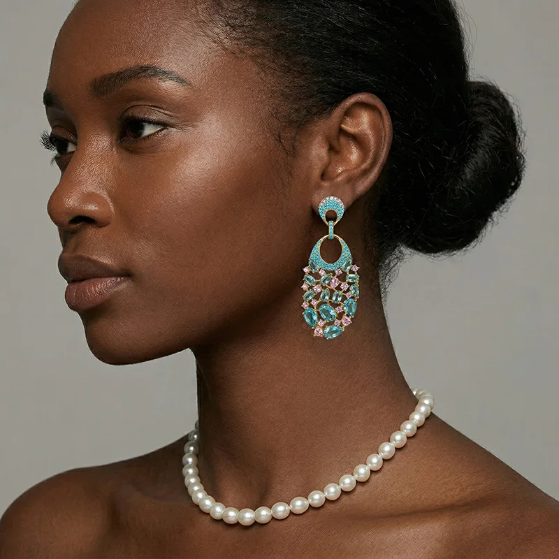 Elegant Boho Micro Pave CZ Stone Earrings Vintage Multi-color Pear Cut Crystal Chandelier Dangle Earrings Women Fashion Jewelry