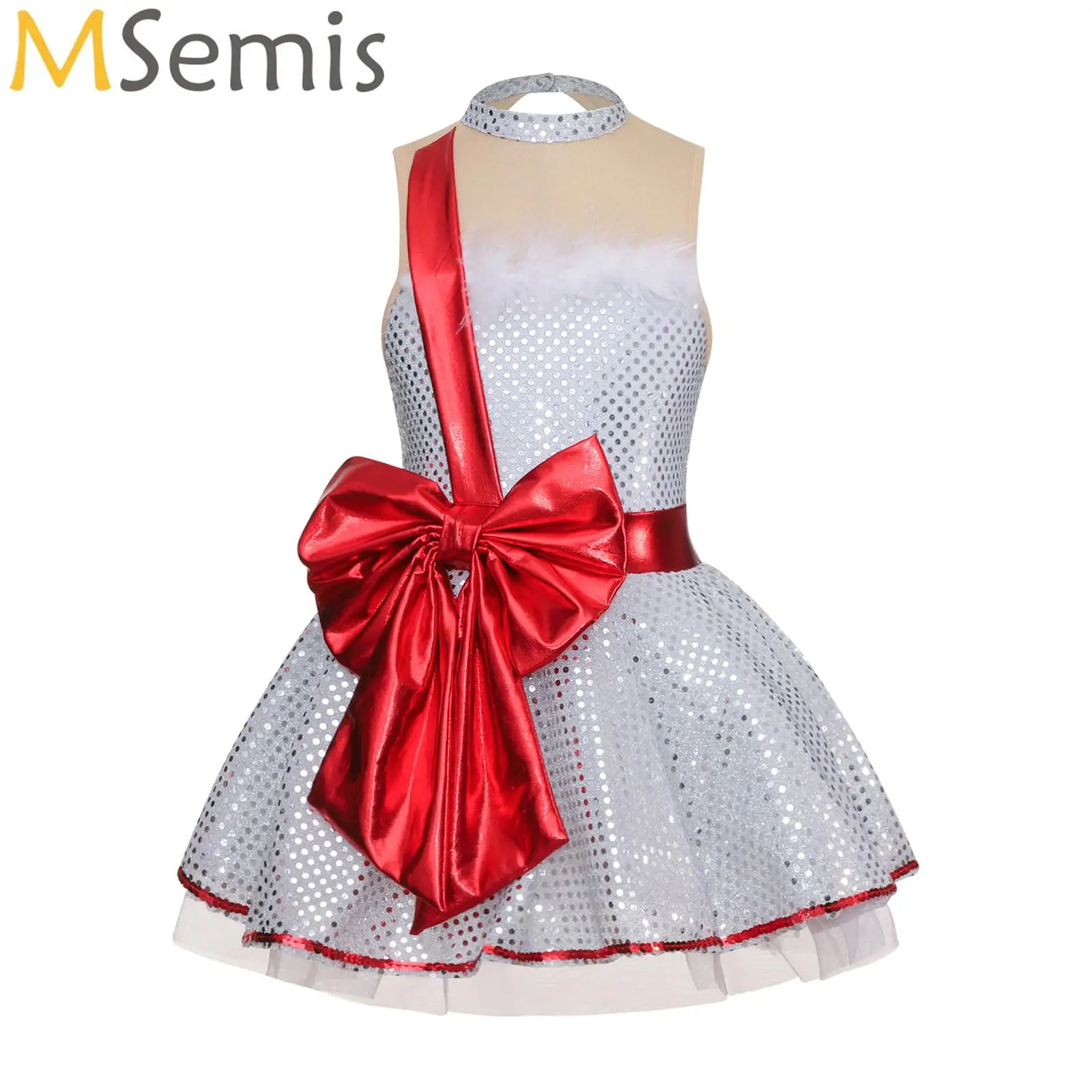 Girls Christmas Dance Costumes Shiny Sequins Candy Cane Santa Claus Leotard Tutu Dress Ballet Figure Ice Skating Dancewear