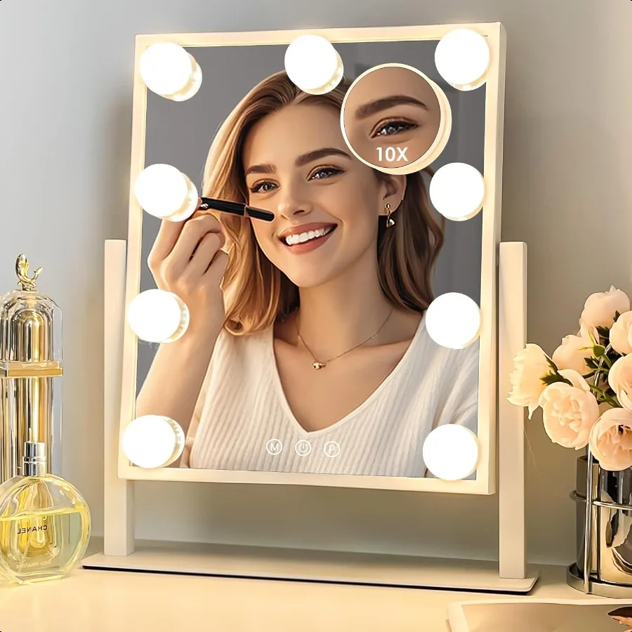 

Makeup Mirror with Lights 14x12 '' Lighted Vanity Mirror with 9 Bulbs 3 Color Mode and Dimming Touch Control Detachable 10X Zoo