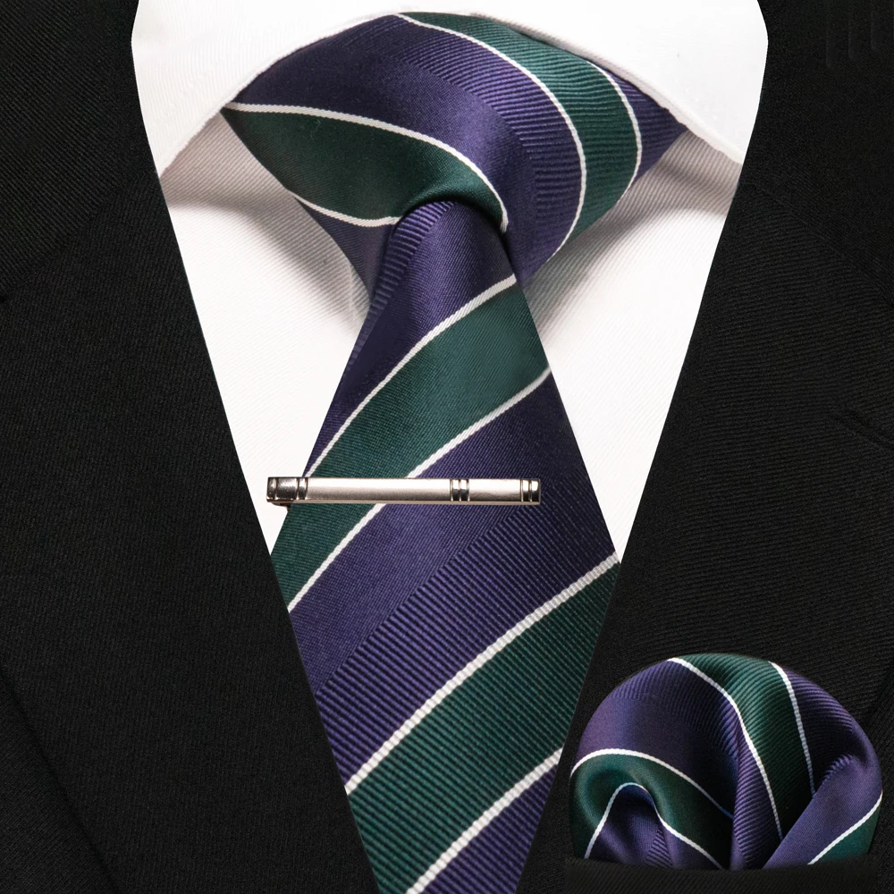 JEMYGINS Business-Krawatte für Herren, Seidenkrawatte in Marineblau, gestreifte Paisley-Krawatte, Einstecktuch, Krawattenklammern, Set für Hochzeit, Party, Geschenk – Detail 13